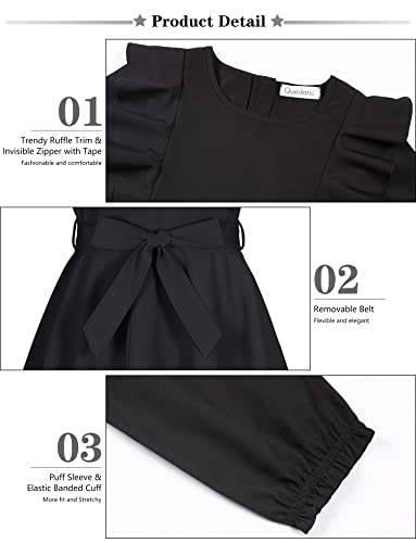 Quedoris Girls Ruffle Trim Dress Print and Solid Color A-line Swing Flared Belted Casual Party Dress with Zipper - Image 6