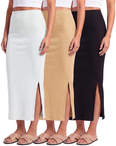 Real Essentials 3 Pack: Women's Ribbed High Waisted Maxi Skirt with Side Slit...