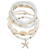 Qceasiy Shell Ankle Bracelet Set for Women, Gold Plated Boho Bead Adjustable Anklet, Hawaiian Beach Seashell Pearl Heart Starfish Conch Foot Jewelry Gifts (Starfish Shell 7Pcs)