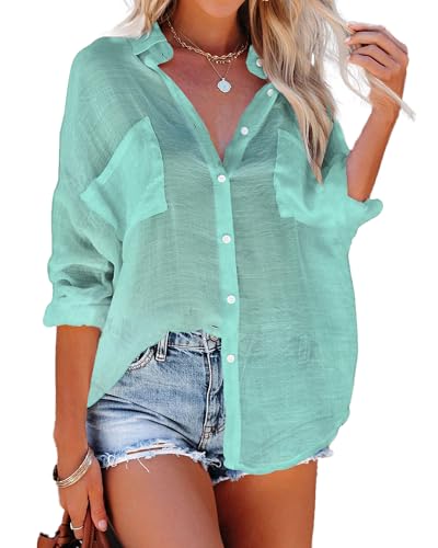 Image of Bsubseach Women Button Down Beach Shirt Long Sleeve Swimsuit Cover Up | Bathing Suit CoverUps Basic Lightweight Staple, Roll-Up Adjustable Sleeves, Drop Shoulder Oversized Blouses