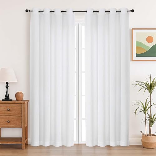 Simplebrand White Curtains 220CM Long 2 Panels Set Light Filtering Faux Linen Textured Soft Airy Window Door Curtains for Living Room Bedroom Thick Modern Privacy Eyelet Drapes 140 Wx220 L cm 2Pcs