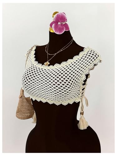 GORGLITTER Women's Crochet Lace Bikini Cover Up Hollow Out Sheer Tie Side Cropped Beach Tank Tops2