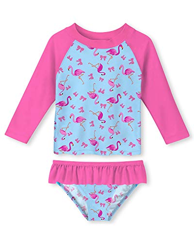 uideazone Baby Toddler Girls 2 Piece Swimsuit Long Sleeve Flamingo Bathing Suit Set Pink Swimsuit Swimwear with UPF 50+ Sun Protection 3-4 Years