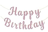 Pink Happy Birthday Banner Garlands Pre-Strung Glitter Pink Happy Birthday Sign for Women Girls Birthdays Party Backdrop Decor
