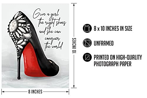 Give A Girl The Right Shoes And She Can Conquer The World - Hand-Drawn Wall Decor Art Print With A Gray Background - 8X10 Unframed Artwork Printed On Photograph Paper #TOP2