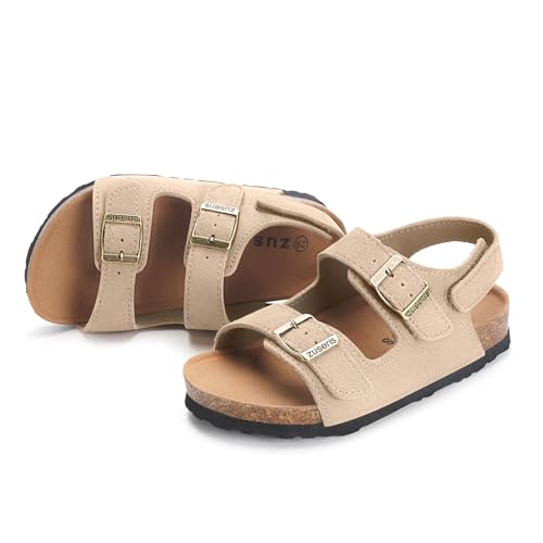 Image of ZUSERIS Kids Toddler Sandals Boys Girls Cork Footbed Sandal | Suede Leather Sandals,Summer Beach Sandals,Boys Dress Sandals,Open Toe Slide Sandals,Adjustable Back Strap,Slip On Slippers