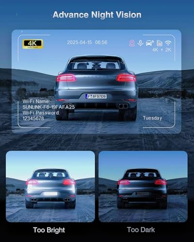 Image of 2-Channel Dash Cam with 24H Parking Monitor, 4K+2K Front and Rear, Built-in GPS, Night Vision, G-Sensor, WDR, 170 Wide Angle, 5.8G Wi-Fi, Dark Black