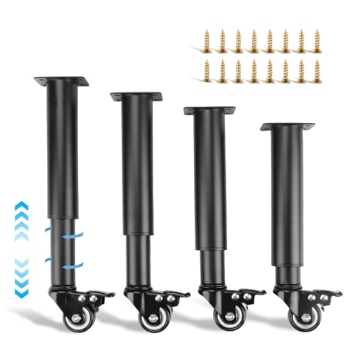 4個セット テーブル 脚 金属製調節可能な家具脚 高さ調節可能 回転キャスターホイール付き 防錆コーティングステンレス製 強力な耐荷重 伸縮式ツール不要 245mmから360mmまで調整 キャビネット ソファ ベッド ドレッサー ソファ コーヒーテーブルなど用 （ブラック）