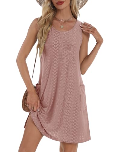 BKRIVE Summer Dresses for Women 2026 Trendy Casual Loose Sleeveless Dress Sundresses with Pockets Swimsuit Coverup Summer Clothes Dusty Pink L