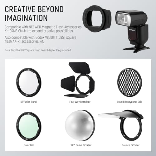 Image of NEEWER SFR2 Silicone Square Flash Head Adapter Ring for Z760 NW760 NW700 NW620 NW635II TT560 Square Speedlight M12 Dome Diffuser CRM2 Magnetic Round Flash Head Accessory Color Gel Kit