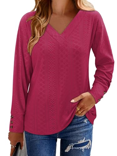 KISSMODA Long Sleeve Fall Shirts For Women V Neck Tunic Tops Embroidered Button Down Knitted Blouses 2025