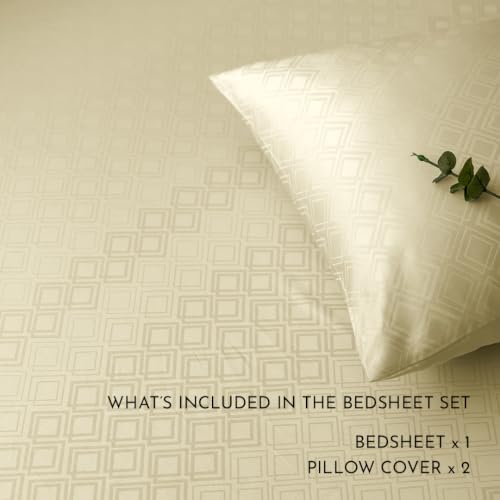 Image of Blue Dahlia 100% Cotton, King Size /Double, Bedsheet (108 inch x 108 inch) + 2 Pillow Covers, 300TC Premium Bedsheet, Dazzling Diamond Jacquard Pattern - Ivory