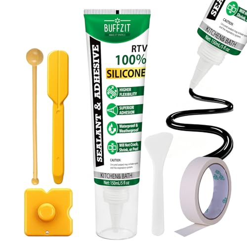 BUFFFZIT RTV Silicone Adhesive Sealant – Waterproof Flexible Caulk, Strong Bond & Crack Resistant, Multi-Surface Sealant for Automotive Gaskets, Engine, Windows, Bathroom & Kitchen, Black, 5 Oz