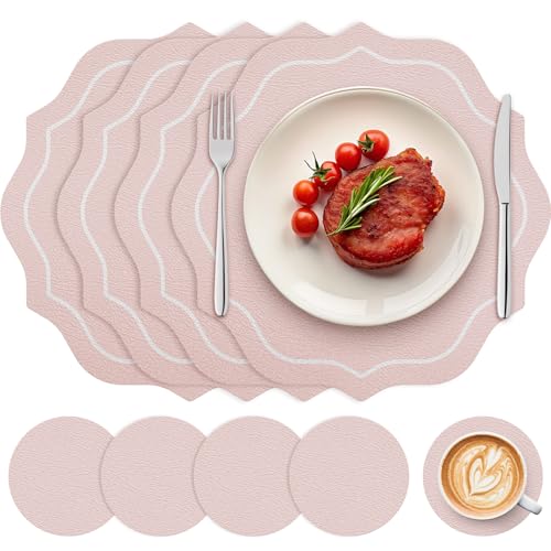 Set of 4 Spring Round Vinyl Placemats with Coasters 12" Scalloped Pink Faux Leather Placemats Waterproof Placemat Wipeable Heat Resistant for 7-10" Plates for Wedding Party Dining Table Decor by ElasignShopo - Used condition - US$15.68