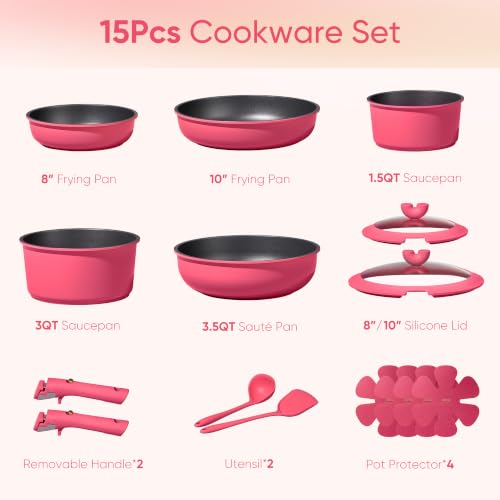 Image of CAROTE 15pcs Pots and Pans Set Non Stick, Cookware Set Non Toxic with Detachable Handle, Induction Kitchen Cooking Set, Dishwasher /Oven Safe, RV /Camping Cookware