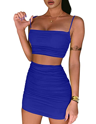 Image of BEAGIMEG Women's Ruched Cami Crop Top Bodycon Skirt 2 Piece Outfits Royal Blue