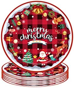 10pcs Merry Christmas Party Paper Plates 7",Red&Black Traditional Plaid Style Christmas Disposable Paper Plates,Xmas Paper Plates Dinner Plates Christmas Tableware Decor for Winter Holiday Xmas Party