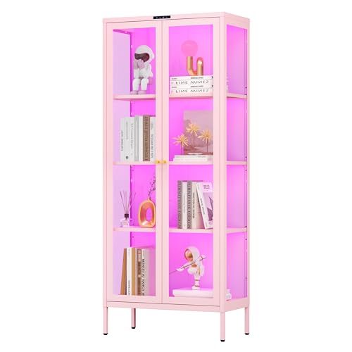 Polup Glass Display Cabinet with Glass Doors Metal Curio Cabinet with 8-Color LED Lights 66 Inch Tall Display Case for Collectibles Pink China Cabinet for Living Room Assembly Required