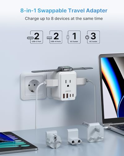 Image of European Travel Plug Adapter for Apple Watch Charger, VINTAR International Power Adapter with 3 AC Outlets 4 USB Ports (2 USB C), Type C /G /E /F Detachable Plugs, US to Europe UK France Italy Spain