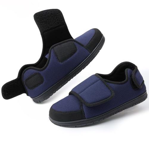 Men Adjustable Straps Slippers Breathable Adjust Closure Diabetic Walking Shoes for Men Extra Wide Width for Swollen Feet All Season Wear Black DarkBlue US8-US13