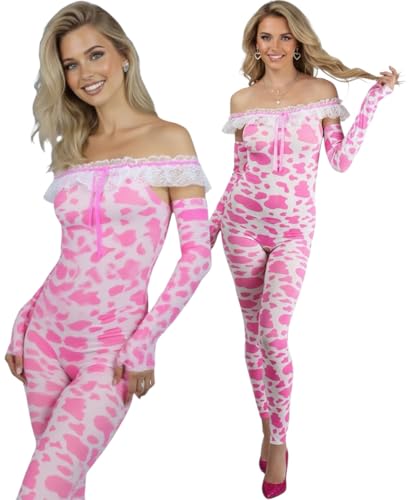 Image of ToBeInStyle Women's Cow Print Thigh High Stocking Bessie The Cow Costume Nylon Bodystocking Cosplay