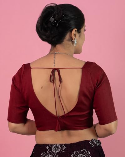 Image of FIGURE'S DESIGNER Women's Dupion Raw Silk Half Elbow Sleeves Sweetheart V Neck Sabyasachi Cut Readymade Saree Blouse S10