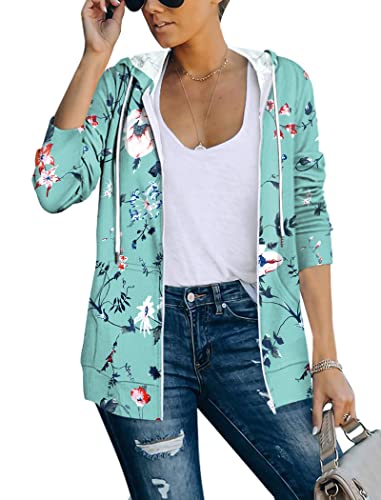Saloogoe Sudaderas ligeras con capucha y cremallera para mujer, de manga larga, chaqueta fina con cremallera, 03-floral 01, XL