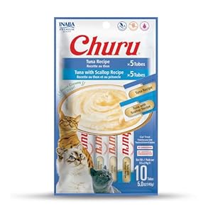 INABA Churu Cat Treats, Grain-Free, Lickable, Squeezable Creamy Purée Cat Treat/Topper with Vitamin E & Taurine, 0.5 Ounces Each Tube, 10 Tubes Total/Two Flavors, Tuna Variety