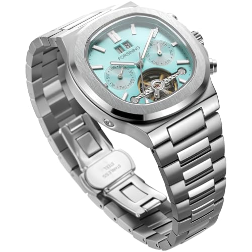 Image of FORSINING Automatic Mechanical Watch for Men, Classic Square Case, Tourbillon Dial, Multifunctional (Date /Week /Month) Business Casual Wristwatch with Stainless Steel Starp Waterproof Luminous