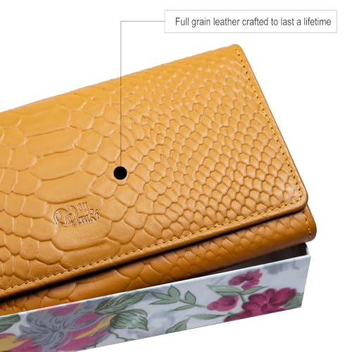 Image of Women's Top Grain Leather Wallet, RFID Blocking Bifold clutch, 17 Card Slots, Zip Pocket Organizer, Elegant Gift for Women - Birthday, Valentine, Anniversary - Croco Mustard