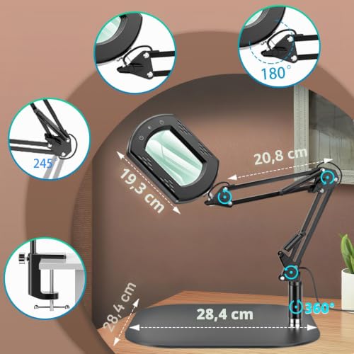 Lamptobe 10X Lampe Loupe de Bureau avec Lumière et Support 28cm, 5 Modes Couleur Gradation Continue, 2-en-1 Loupe Couture avec Pince, Loupe Grossissante avec Lumiere pour Lecture Loisirs Travail Près – vue 7