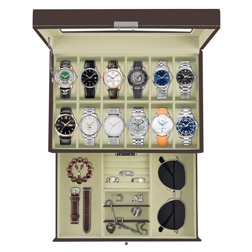 Image of Ogrmar 12 Slot PU Leather Lockable Watch Storage Boxes, Men & Women Jewelry Display Drawer Case, 2-tier Organizer Watch Showcase with Glass Lid (Brown)