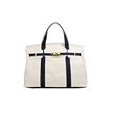Womens Canvas Tote Handbag with Front Buckle Closure and Dual Handles. (White and blue)