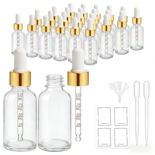 Bumobum 24 Pcs 1oz Glass Dropper Bottle with Glass Measured Dropper Funnel & Label Clear Eye Tincture Bottle for Essential Oil Liquids Handmade Serums Tavel