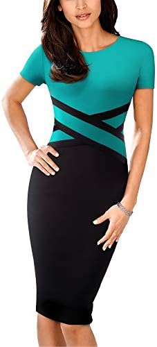 HOMEYEE Women's Vintage Round Neck 3/4 Sleeve Striped Bodycon Pencil Business Casual Dress B463
