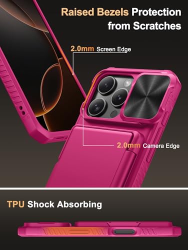 Image of Vihibii for iPhone 16 Pro Case Wallet with Card Holder (4 Cards) [RFID Blocking] & Slide Camera Cover & Raised Edges Protect Screen, Shockproof Rugged Phone Cover for iPhone 16 Pro 5G 6.3 inch 2024, Pink