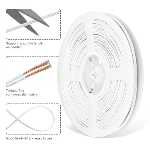 Image of 100FT 24AWG 2 Conductor Low Voltage LED Extension Cable Wire, 2 Core Parallel Wire for LED Strip Lights, Outdoor Use, Waterproof, UL2468 Certified, White