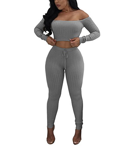 Women's Sexy 2 Pieces Off Shoulder Long Sleeve Crop Top+Long Pant Bodycon Jumpsuit Skinny Romper Grey