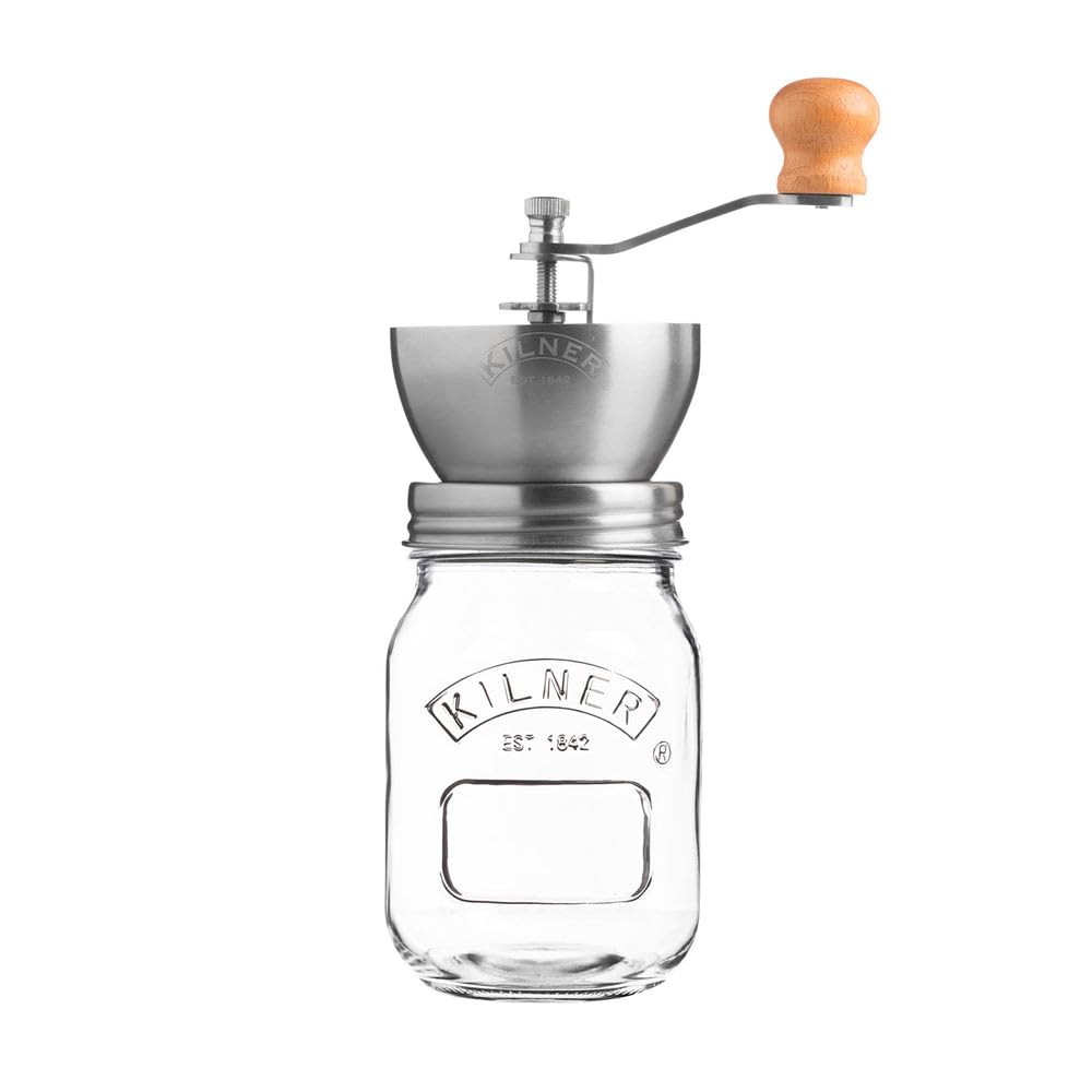 KILNER Kaffeemühle mit Vorratsglas 0,5 L, Edelstahlmahlwerk, verstellbar | Verstellbarer Drehmechanismus, luftdichter Schraubverschluss, spülmaschinengeeignet, robust, 545 g, hochwertiger Edelstahl