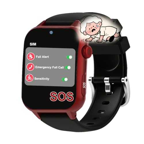 Axrrl ﻿Montre-Bracelet Alarme pour Personnes Âgées Montre pour Seniors Indépendants avec Alerte SOS Appels Vidéo Et Affichage,Rouge,1.9 * 1.6 inch
