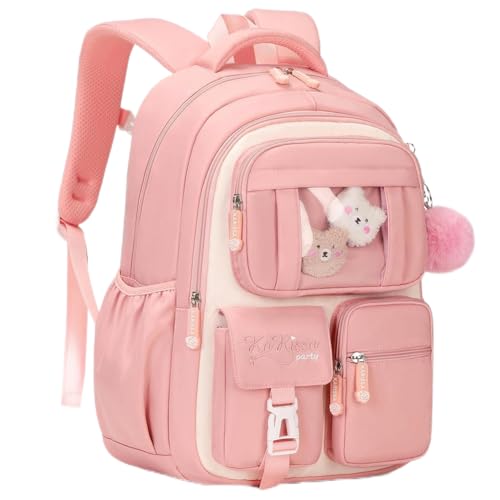 Image of MATMO Multi-Pocket Girls Boys School Backpack Kids Student Bookbag Travel Daypack (Pink with White)