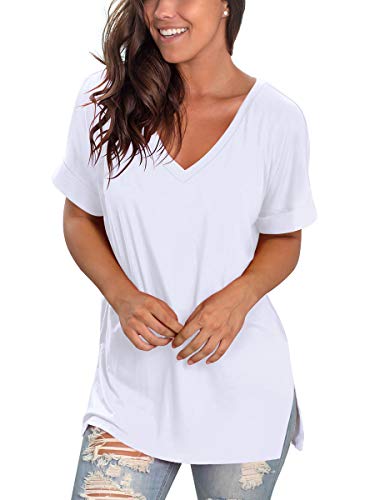 Image of Sampeel Women's V Neck T Shirts Casual Rolled Short Sleeve Side Split Summer Tops Loose Fit