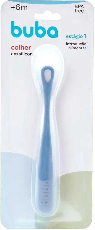 Buba Colher em Silicone para Introdução Alimentar, Azul Escuro, Cabo Longo Ergonômico, Livre de BPA, Estágio 1, +6 Meses
