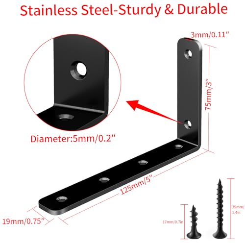 Image of YUMORE Heavy Duty L Bracket, 5 x 3 Inch Corner Brace, Black, 4 Pack | 3mm Thick Stainless Steel, 35 LB Load Capacity, Precision 90 Angle, Easy Installation, Includes Hardware