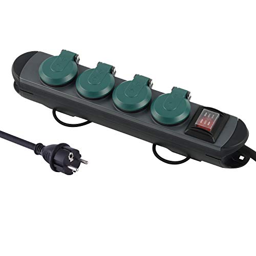 Electraline 62185 Regleta Base Multiple profesional para exteriores, 4 enchufes Schuko con enchufe IP44, cable de goma H07RN-F 3G1.5 de 1,8 metros, Negro/Verde