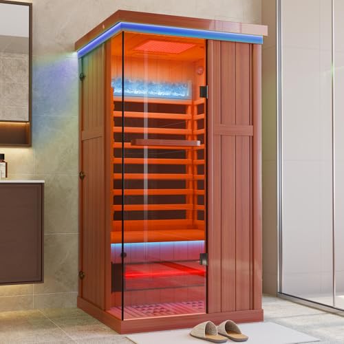 MEISSALIVVE Full Spectrum Infrared Sauna，1 Person Home Sauna， Red Cedar Indoor Spa Sauna with Resonance Speaker and Tempered Glass