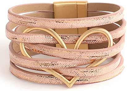 hotoo Pink Leather Wrap Bracelets for Women Boho Bracelet Girls Heart Aesthetic Cuff Friendship Multi-layer Christmas Gifts for Her