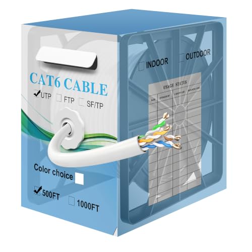 Elecan Cat 6 Ethernet Cable Bulk 1000 Ft – Easy Pull Box, UTP High-Speed Long Network Internet RJ45 LAN Patch Cable, 10Gbps 550MHz, 23AWG Solid CCA, Kink-Free, Foot Marks for Gaming Router PoE-White