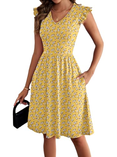 Image of HELYO Women's Summer Dresses Cute V Neck Ruffle Sleeve Cocktail Short Work Casual Dress with Pockets 648