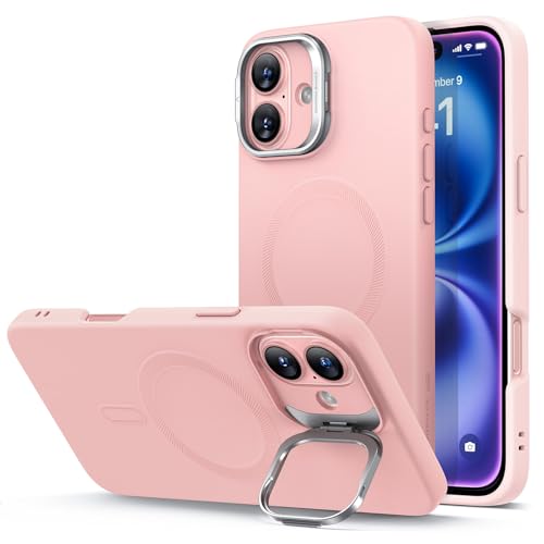Image of ESR for iPhone 16 Case, Silicone Case with Stand, Compatible with, Military-Grade Protection, Built-in Camera Stash Stand, Magnetic Phone Case for iPhone 16, Cloud Series, Pink